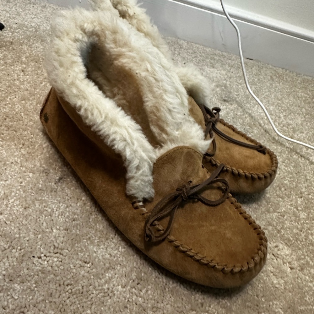 UGG Chestnut Brown Suede Moccasin Ankle Booties with Cream Shearling